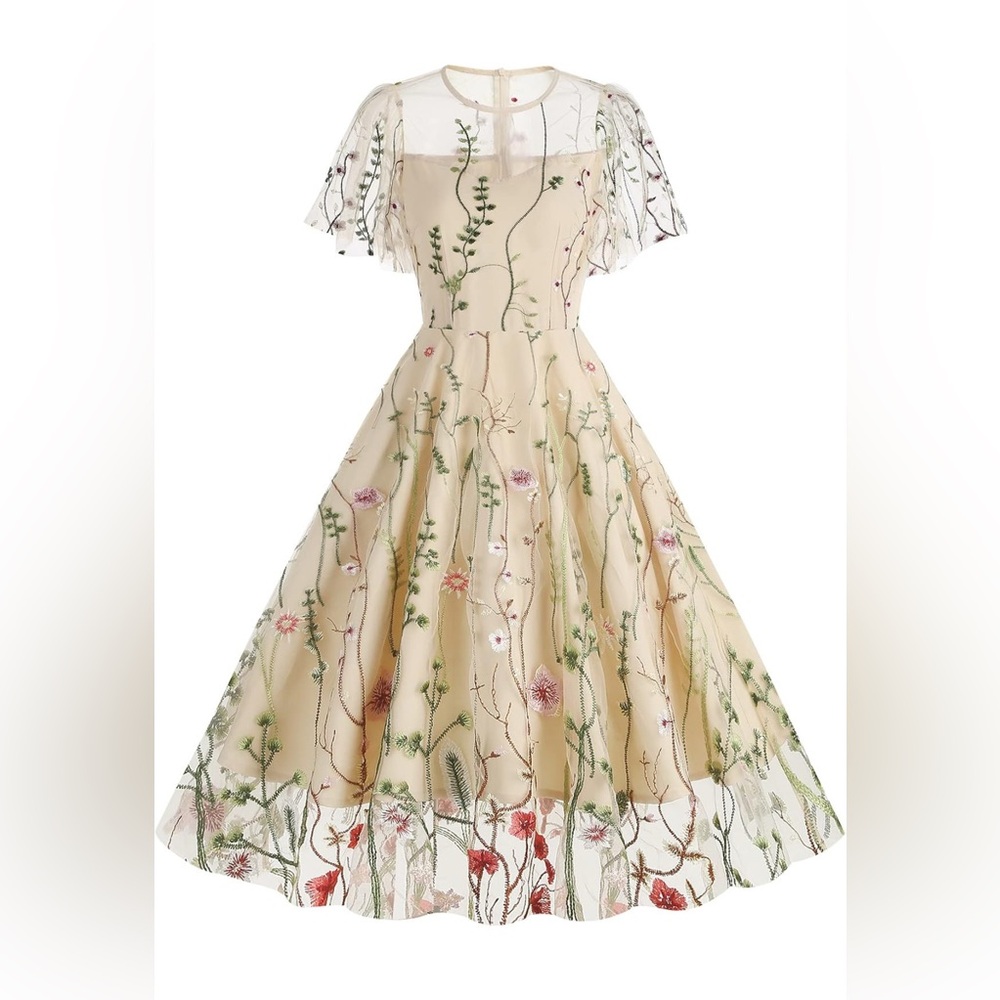 Cream and Green A-Line Midi Dress with Flutter Sleeves